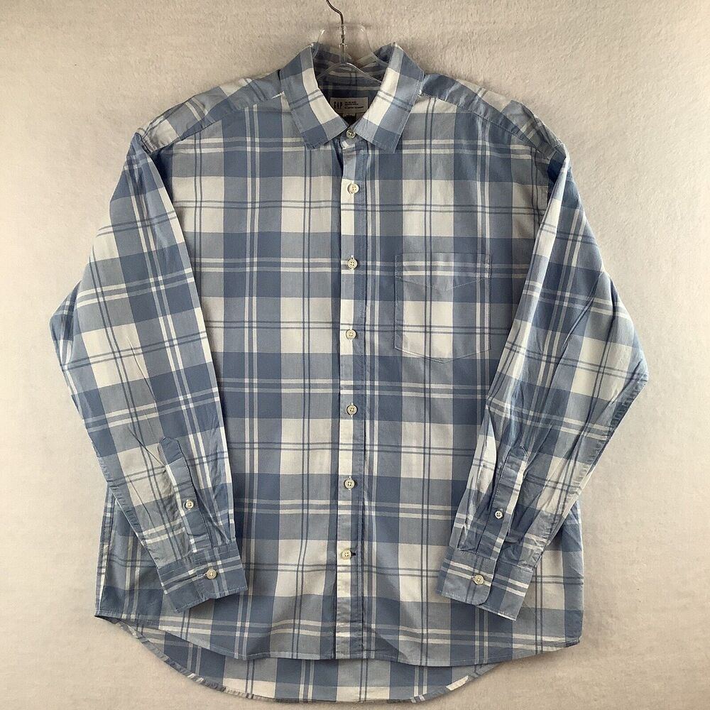 Gap The Big Shirt Mens Small Plaid Shirt Blue White Long Sleeve Button Up Casual